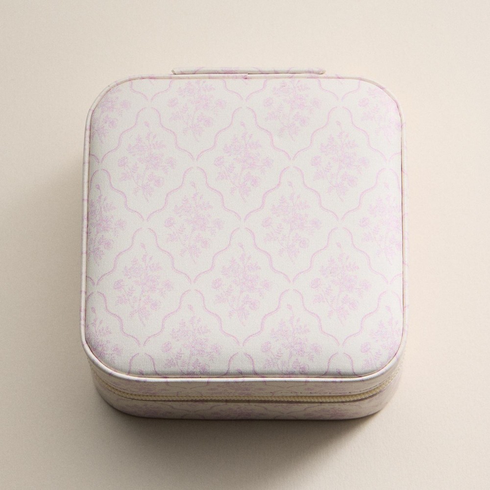 Floral Print Vegan Leather Travel Jewelry Box - Full Zipper Closure - Mirror & Earring Holder Divider - Removable Divider Organizer - 6 Ring Slots & 3 Necklace Hooks - Approximately 3.5" L X 3.75" T X 2" D view 2