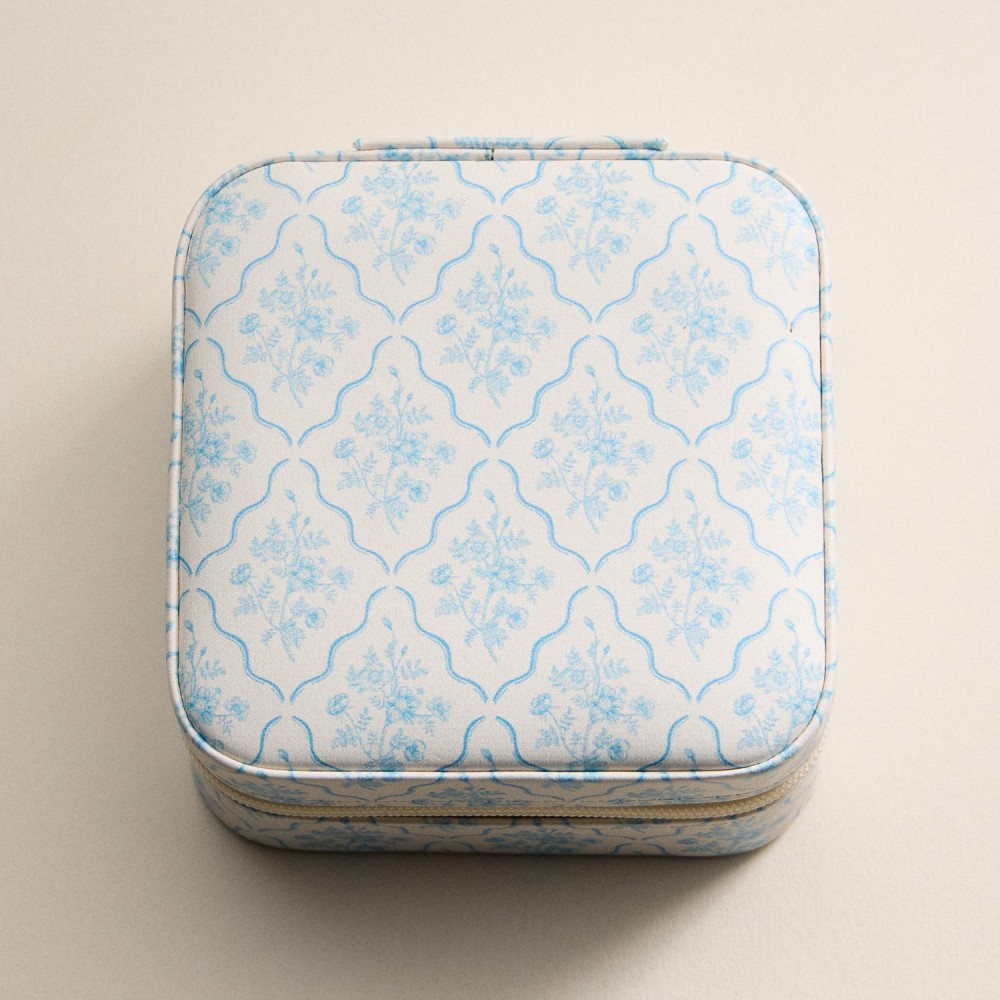 Floral Print Vegan Leather Travel Jewelry Box - Full Zipper Closure - Mirror & Earring Holder Divider - Removable Divider Organizer - 6 Ring Slots & 3 Necklace Hooks - Approximately 3.5" L X 3.75" T X 2" D view 2