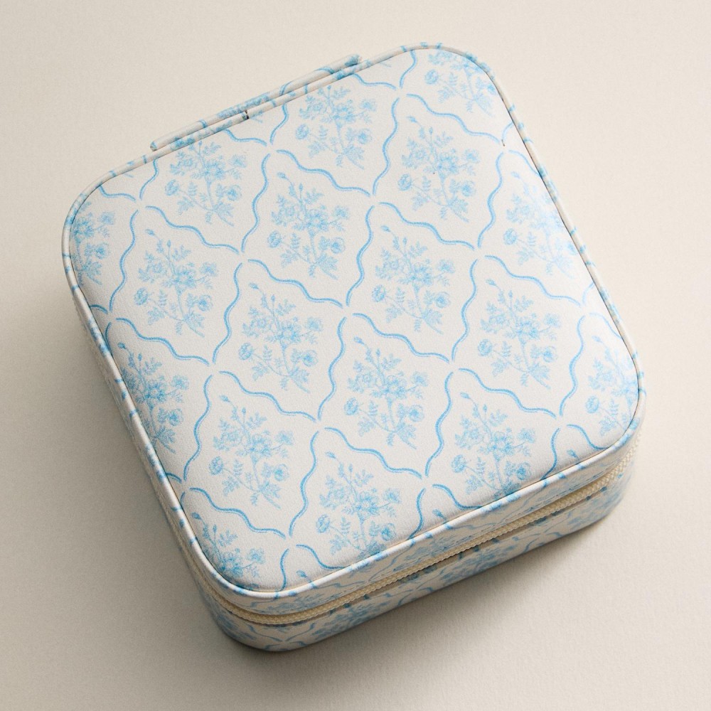 Floral Print Vegan Leather Travel Jewelry Box - Full Zipper Closure - Mirror & Earring Holder Divider - Removable Divider Organizer - 6 Ring Slots & 3 Necklace Hooks - Approximately 3.5" L X 3.75" T X 2" D view 6
