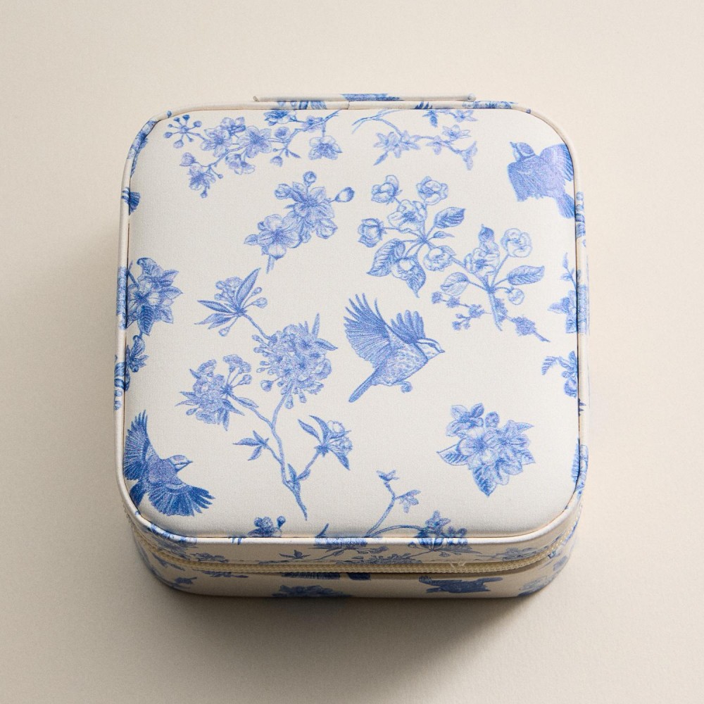 Chinoiserie Print Vegan Leather Travel Jewelry Box - Full Zipper Closure - Mirror & Earring Holder Divider - Removable Divider Organizer - 6 Ring Slots & 3 Necklace Hooks - Approximately 3.5" L X 3.75" T X 2" D view 2