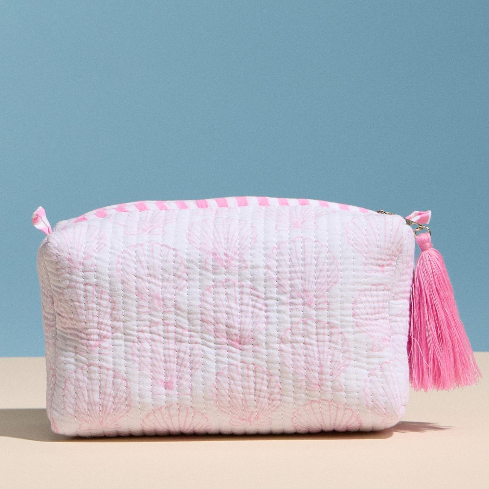 Shell Print Quilted Pouch With Tassel - Full Zip Closure - Stripe Print Inside - Approximately 7" L X 5" T X 3.5" D view 2