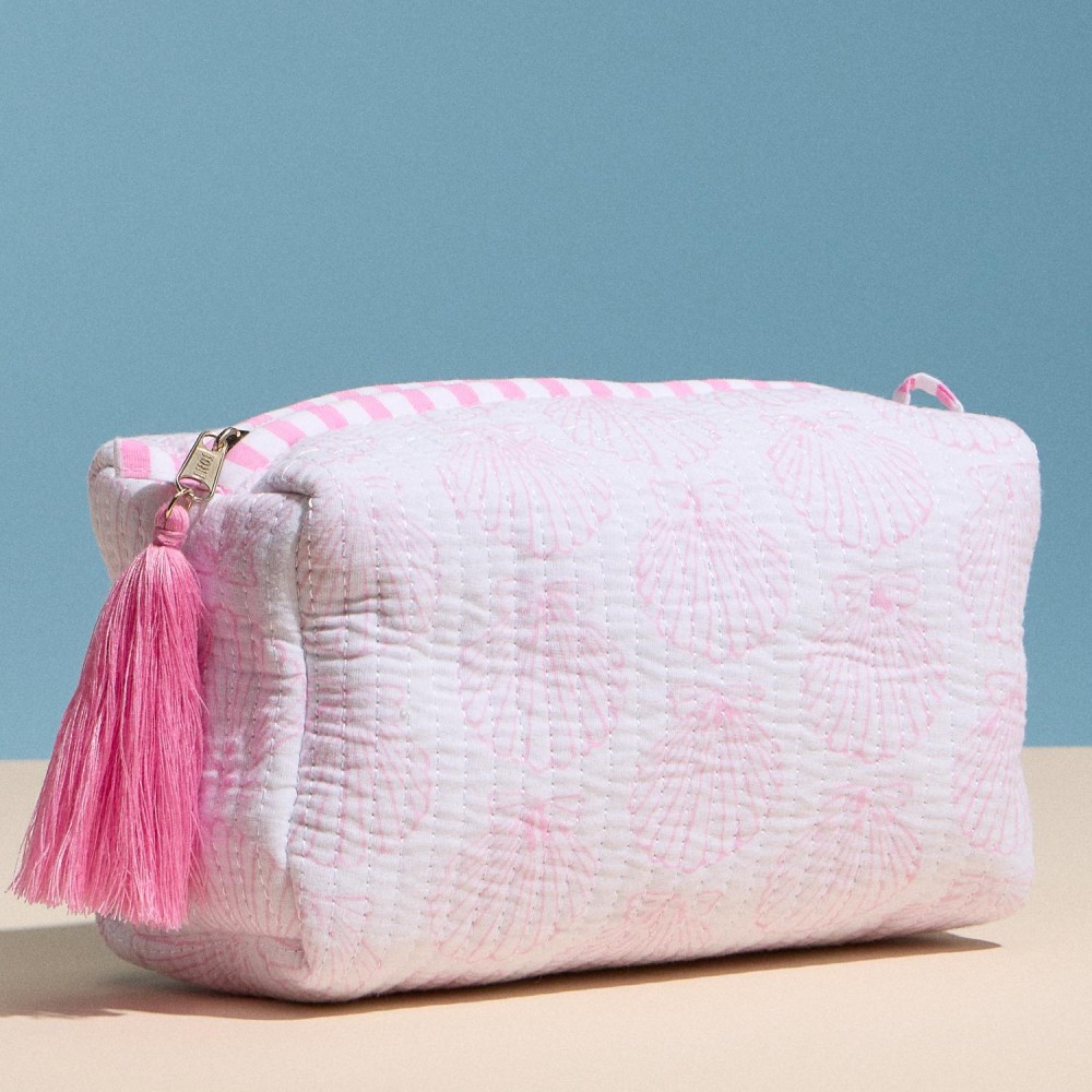 Shell Print Quilted Pouch With Tassel - Full Zip Closure - Stripe Print Inside - Approximately 7" L X 5" T X 3.5" D view 4