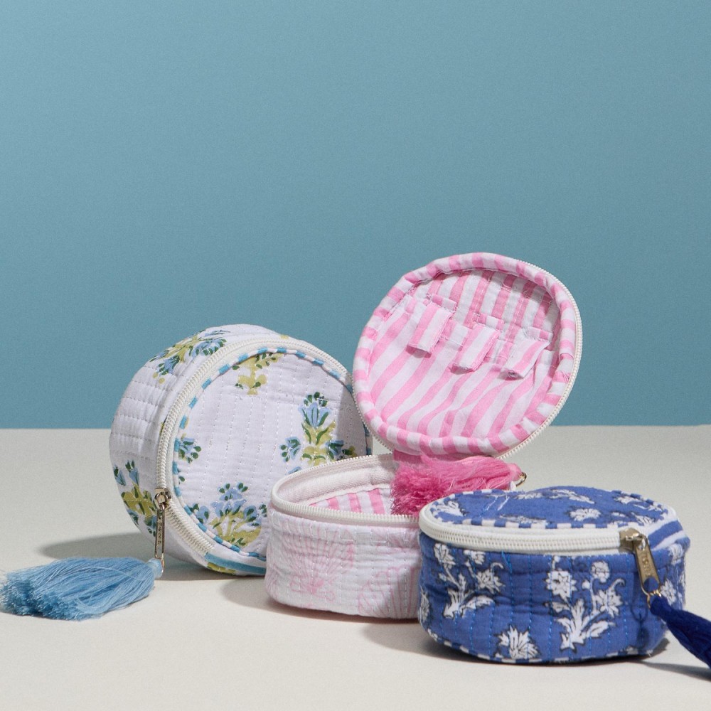 Floral Print Circular Quilt Pouch With Tassel - Full Zip Closure - 1 Internal Open Pocket - Stripe Print Inside - Approximately 4" T X 4" L X 1.75" D view 6
