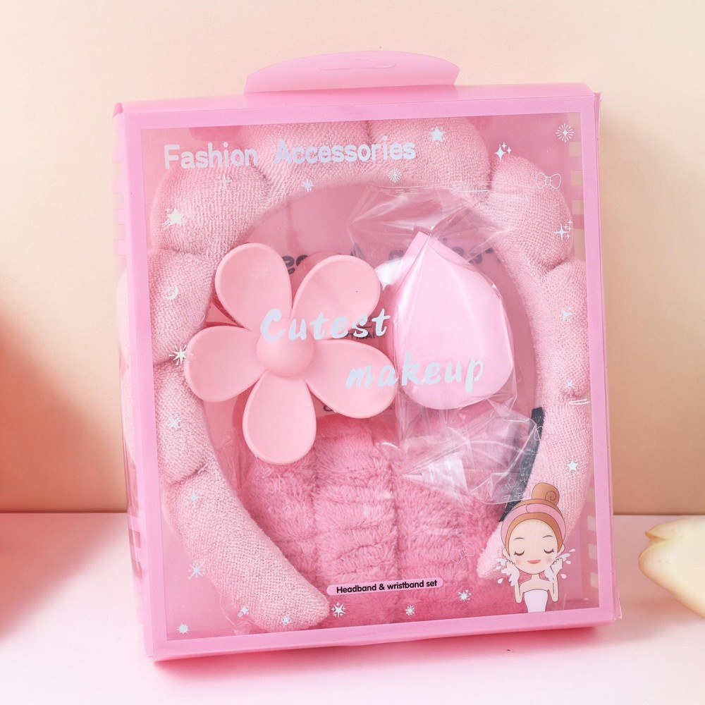 Terry Cloth Headband & Wristband Set Set Includes: - Terry Cloth Headband - Wristbands - Makeup Sponge - Flower Hair Clip view 2