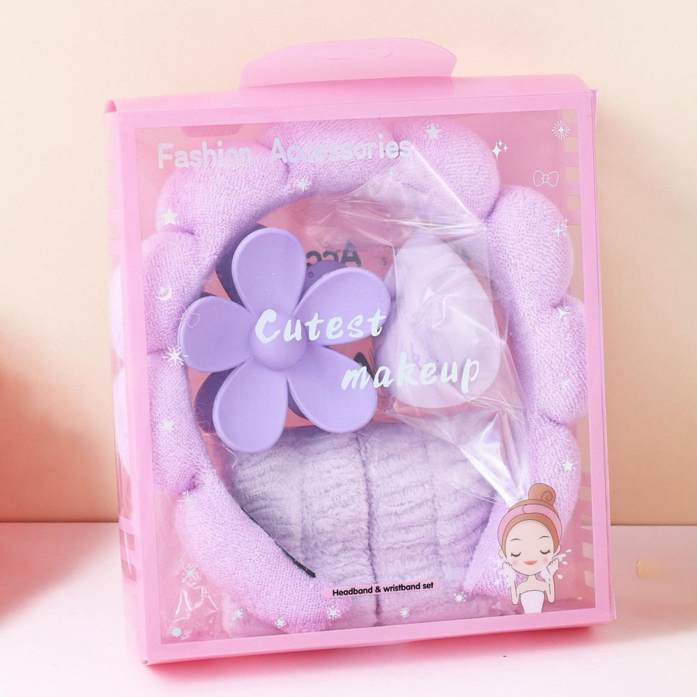 Terry Cloth Headband & Wristband Set Set Includes: - Terry Cloth Headband - Wristbands - Makeup Sponge - Flower Hair Clip view 2
