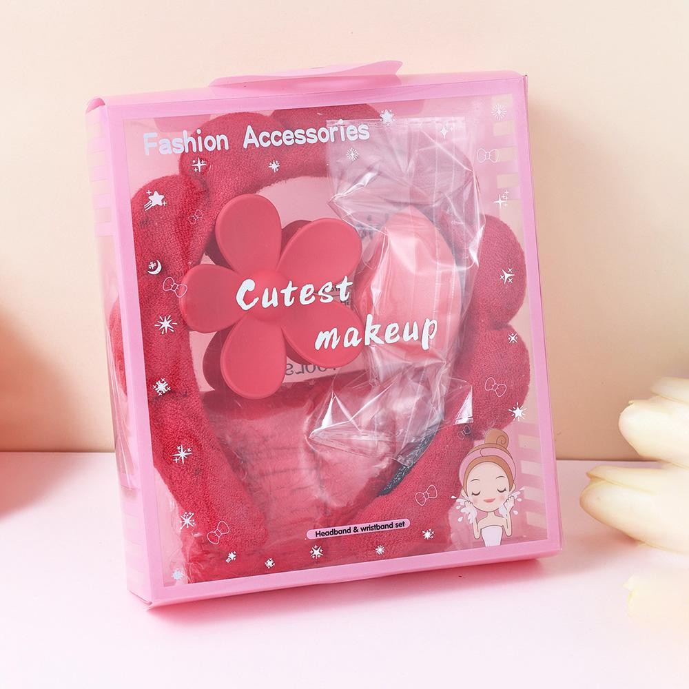 Terry Cloth Headband & Wristband Set Set Includes: - Terry Cloth Headband - Wristbands - Makeup Sponge - Flower Hair Clip view 2