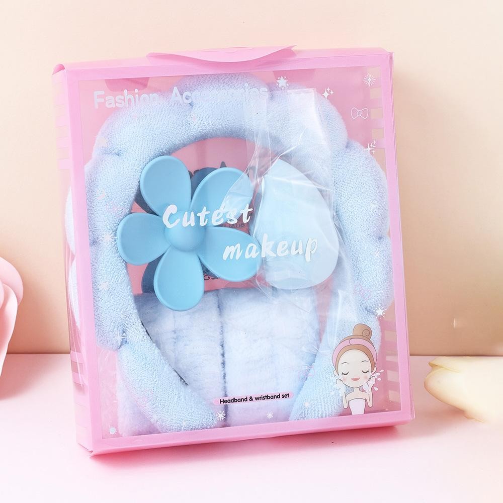 Terry Cloth Headband & Wristband Set Set Includes: - Terry Cloth Headband - Wristbands - Makeup Sponge - Flower Hair Clip view 2