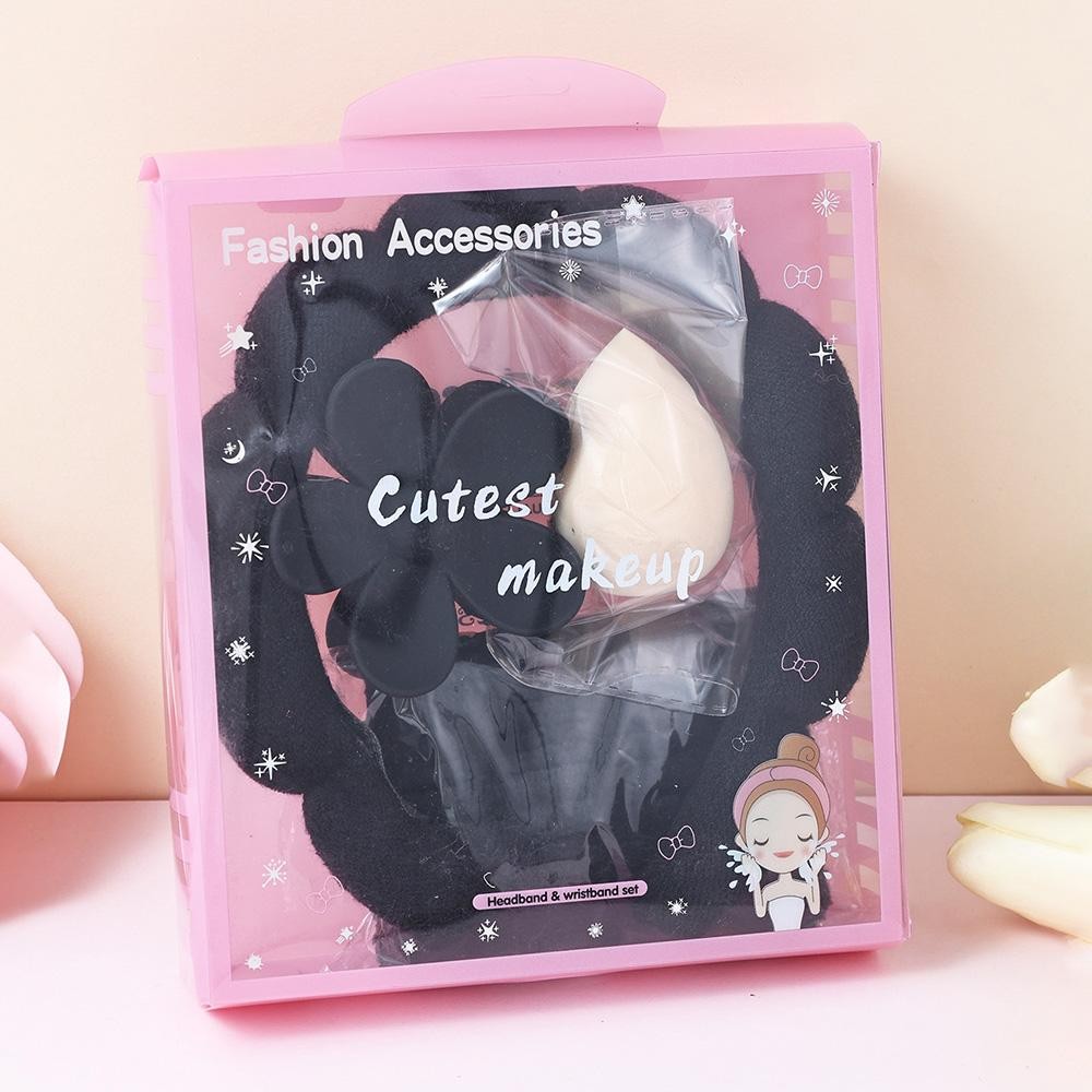 Terry Cloth Headband & Wristband Set Set Includes: - Terry Cloth Headband - Wristbands - Makeup Sponge - Flower Hair Clip view 2