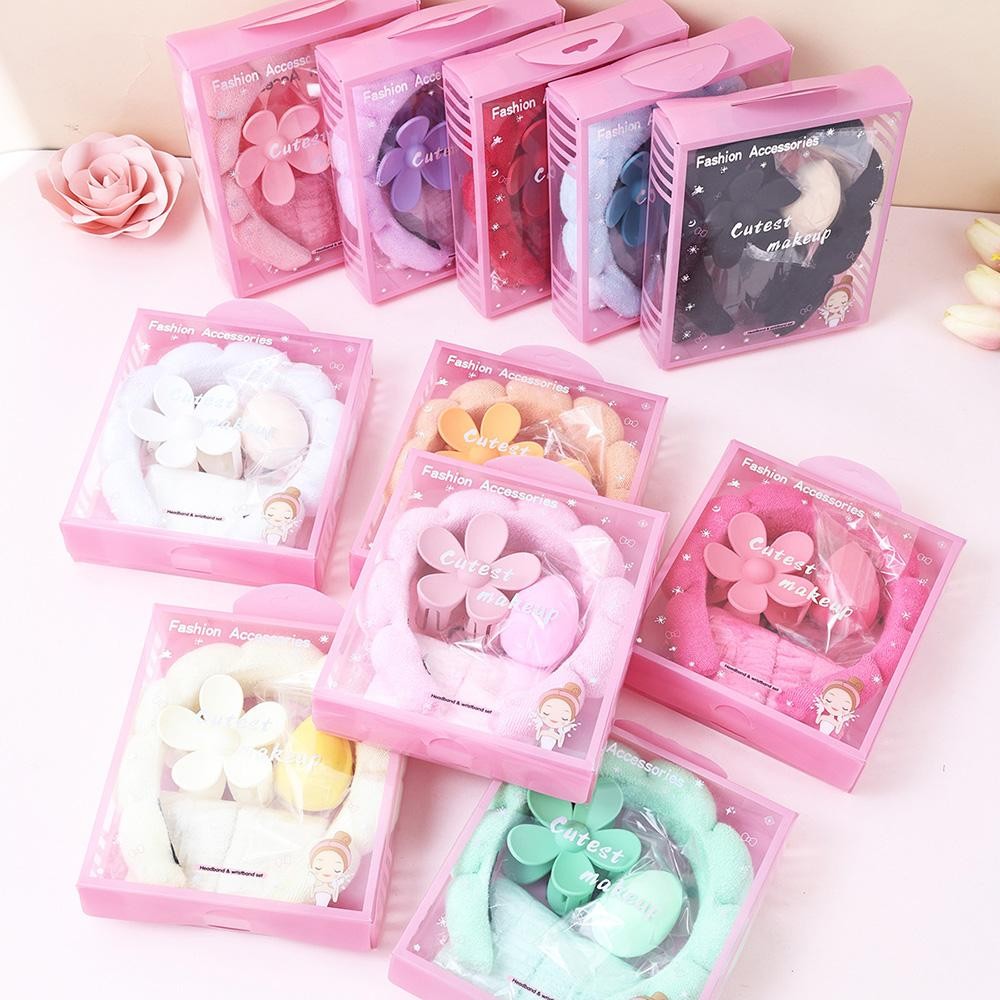 Terry Cloth Headband & Wristband Set Set Includes: - Terry Cloth Headband - Wristbands - Makeup Sponge - Flower Hair Clip view 4