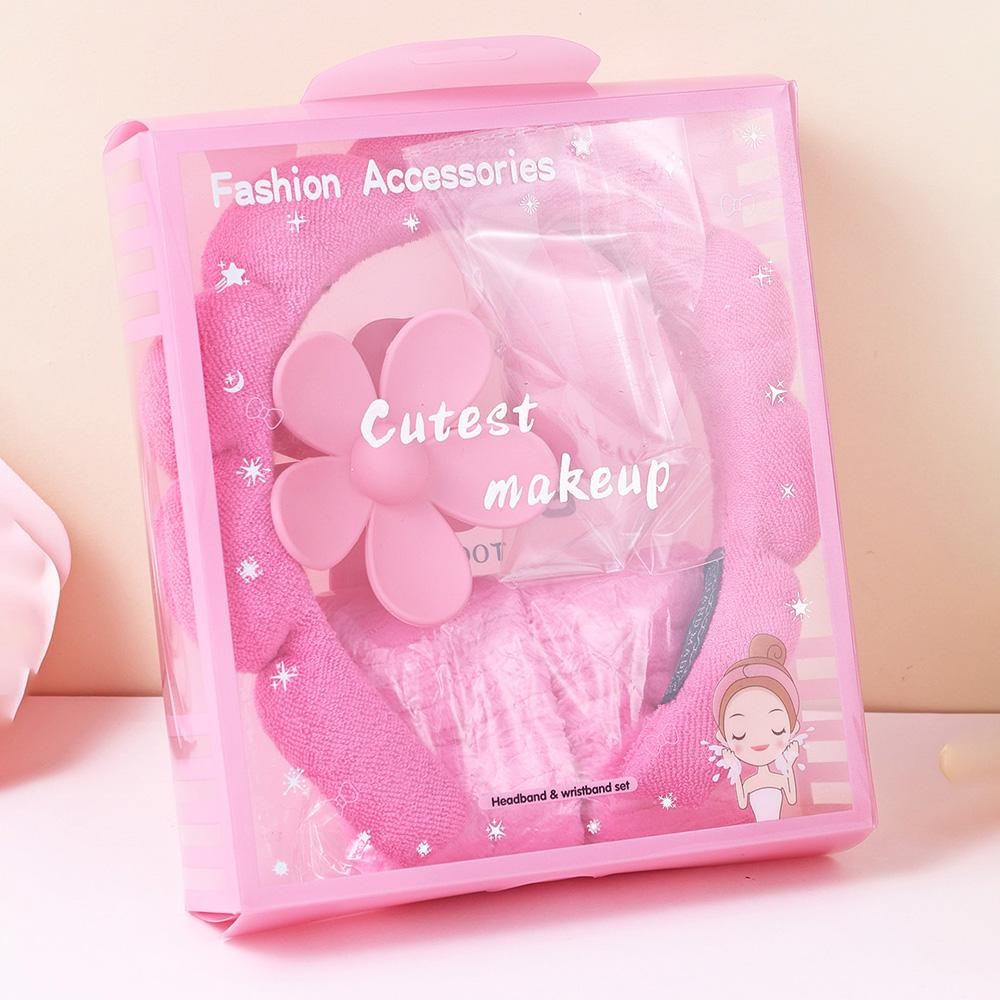 Terry Cloth Headband & Wristband Set Set Includes: - Terry Cloth Headband - Wristbands - Makeup Sponge - Flower Hair Clip view 2