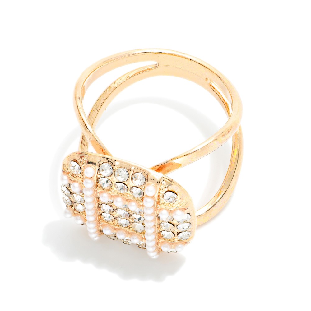 Do Everything In Love Metal Scarf Ring Featuring Studded Pearls & Rhinestone - Approximately 1" L view 2