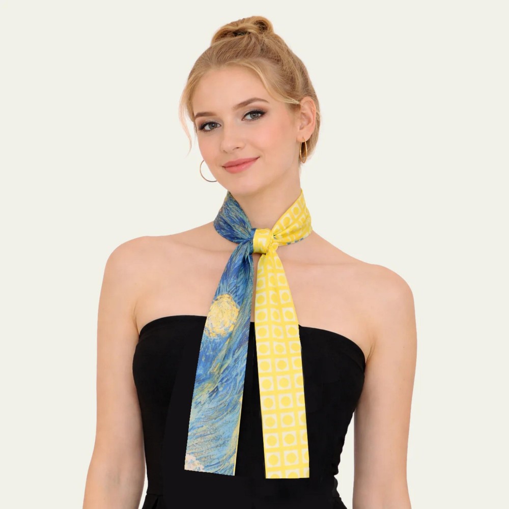 Do Everything In Love Geometric Shape & Watercolor Print Skinny Scarf - Multi-Use: Scarf, Hair Bow, Bag Tie ETC - Approximately 47" L X 3" W - 100% Polyester view 2
