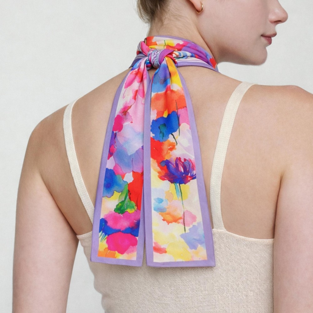 Do Everything In Love Floral Watercolor Print Skinny Scarf - Multi-Use: Scarf, Hair Bow, Bag Tie ETC - Approximately 47" L X 3" W - 100% Polyester view 2