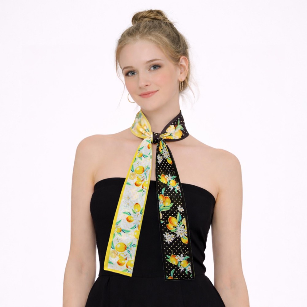 Do Everything In Love Lemon & Polka Dots Print Skinny Scarf - Multi-Use: Scarf, Hair Bow, Bag Tie ETC - Approximately 47" L X 3" W - 100% Polyester view 2