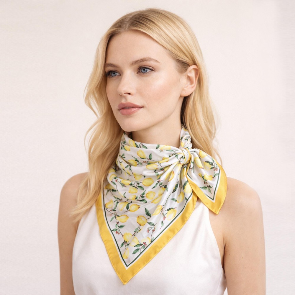 Do Everything In Love Lemon Print Bandana Scarf - Multi-Use: Scarf, Bandana, Bag Tie ETC - Approximately 27.6" L X 27.6" W - 100% Polyester view 2