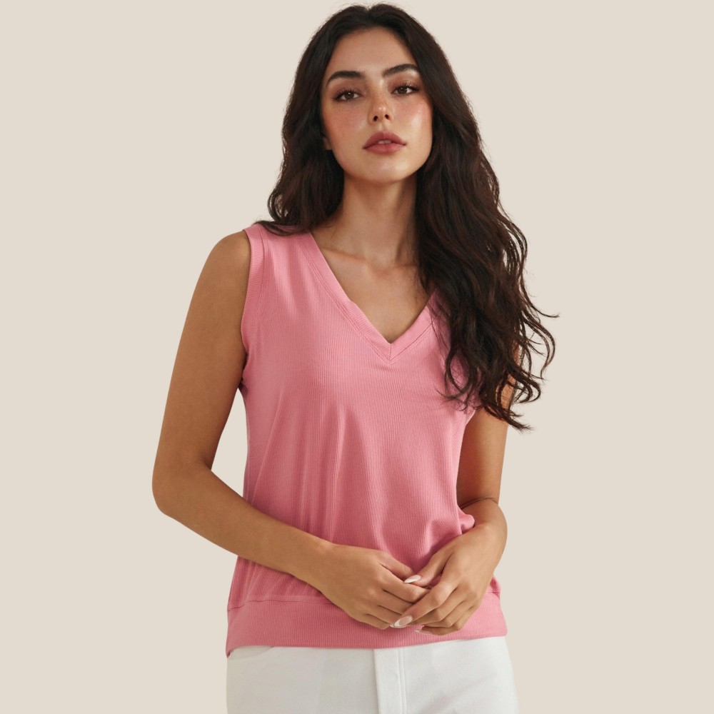 Ribbed Loose V-Neck Tank Top (6-Pack) - V Neckline - Sleeveless - Relaxed Fit - Ribbed - 95% Viscose 5% Spandex Pack Breakdown: S-2, M-2, L-2 view 2