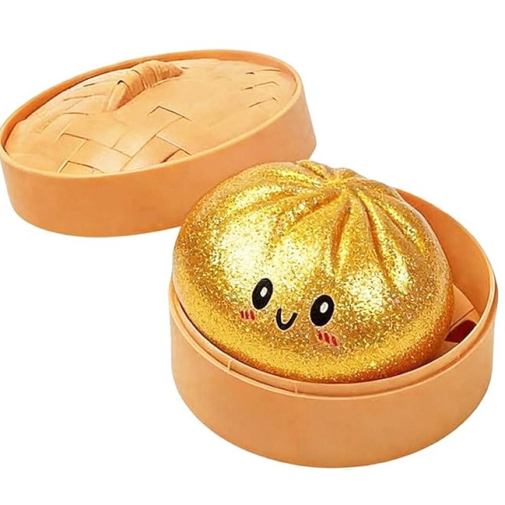 Dumpling Squishy Toy Cute novelty squishy toy designed as a smiling dumpling in a bamboo-style steamer. Perfect for gifts, impulse buys, and food-themed novelty displays. - Ages 3+ - Approximately 3" L view 2
