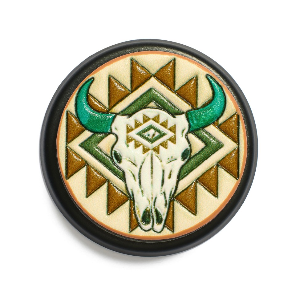 Vegan Leather Aztec Cow Skull Phone Grip - Magnetic Grip - Approximately 2" D view 2