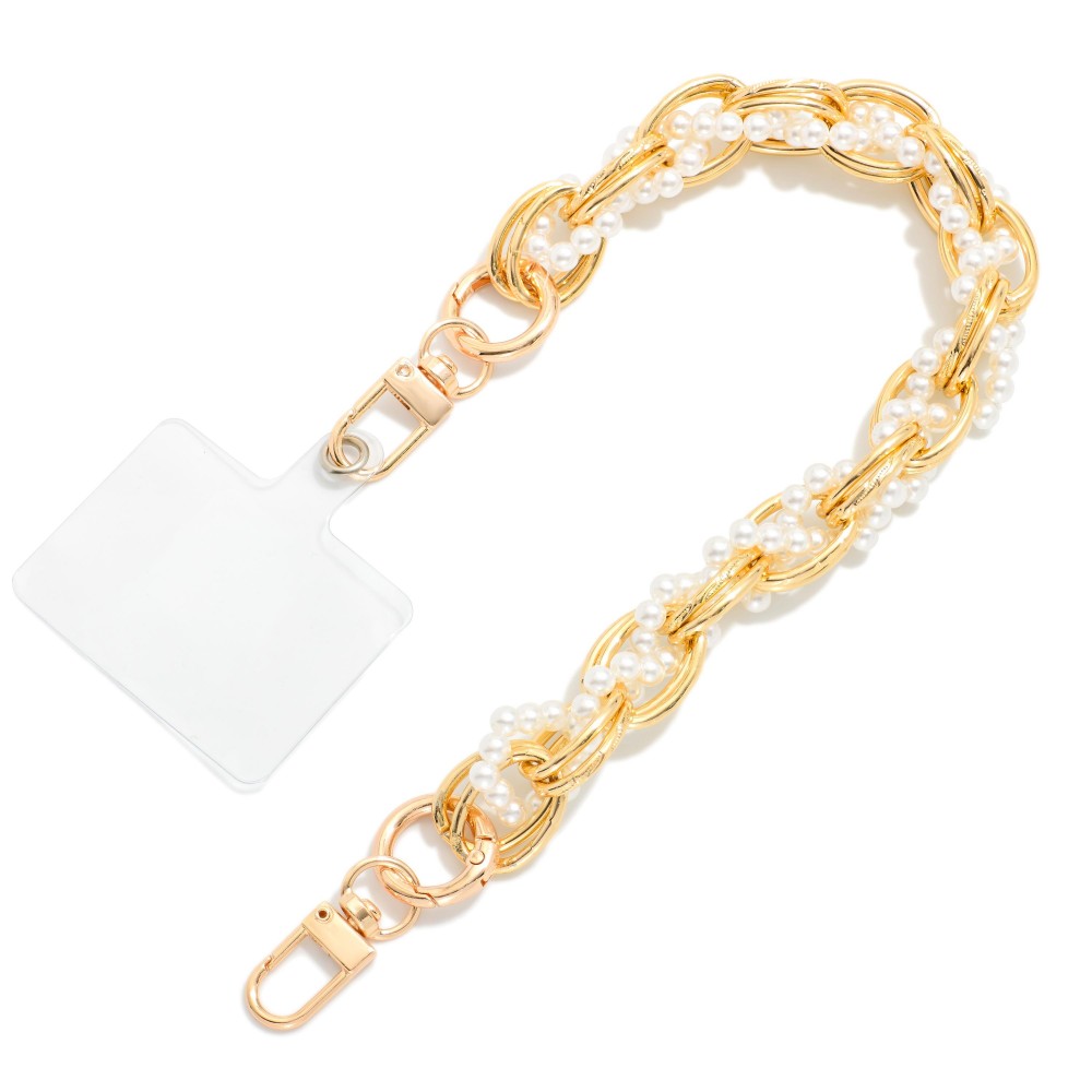 Metal Chain Linked Pearl Beaded Phone Strap Carrier - Approximately 12" L - Two O Ring Clasps view 2