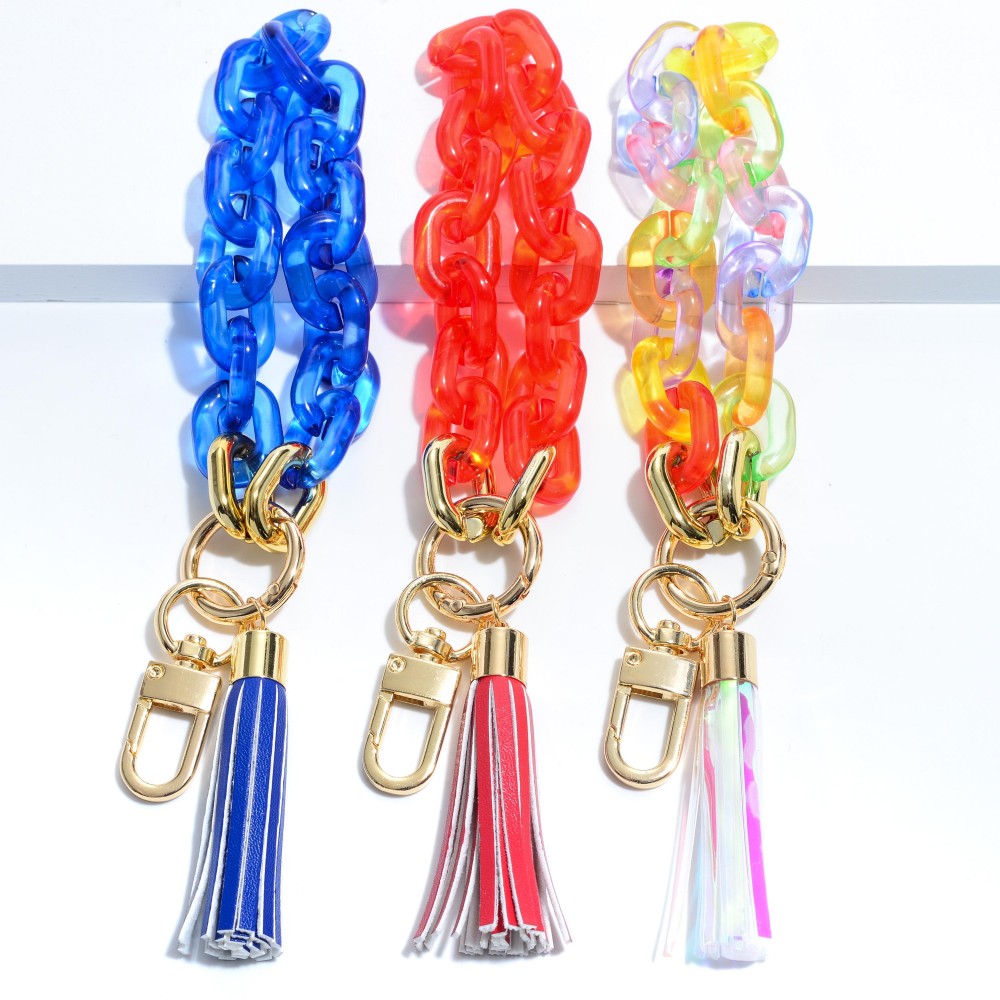 Chunky Acetate Chain Link Loop Keychain Featuring Tassel Accent - Approximately 7" Long view 4