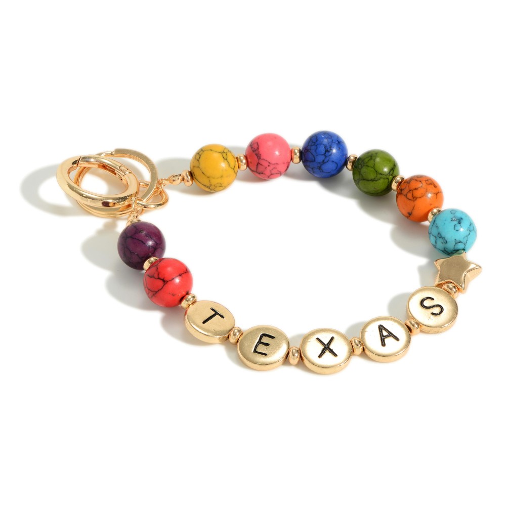 Semi-Precious Natural Stone Beaded 'Texas' Keychain - Approximately 3.5" Diameter view 2