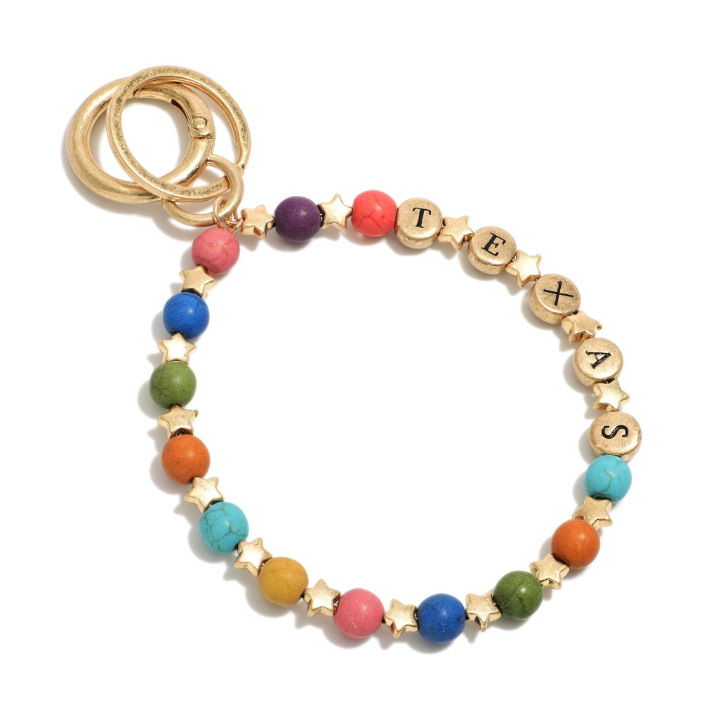 Semi-Precious Natural Stone Beaded 'Texas' Key Ring Featuring Star Accents - Approximately 4.5" Long view 2
