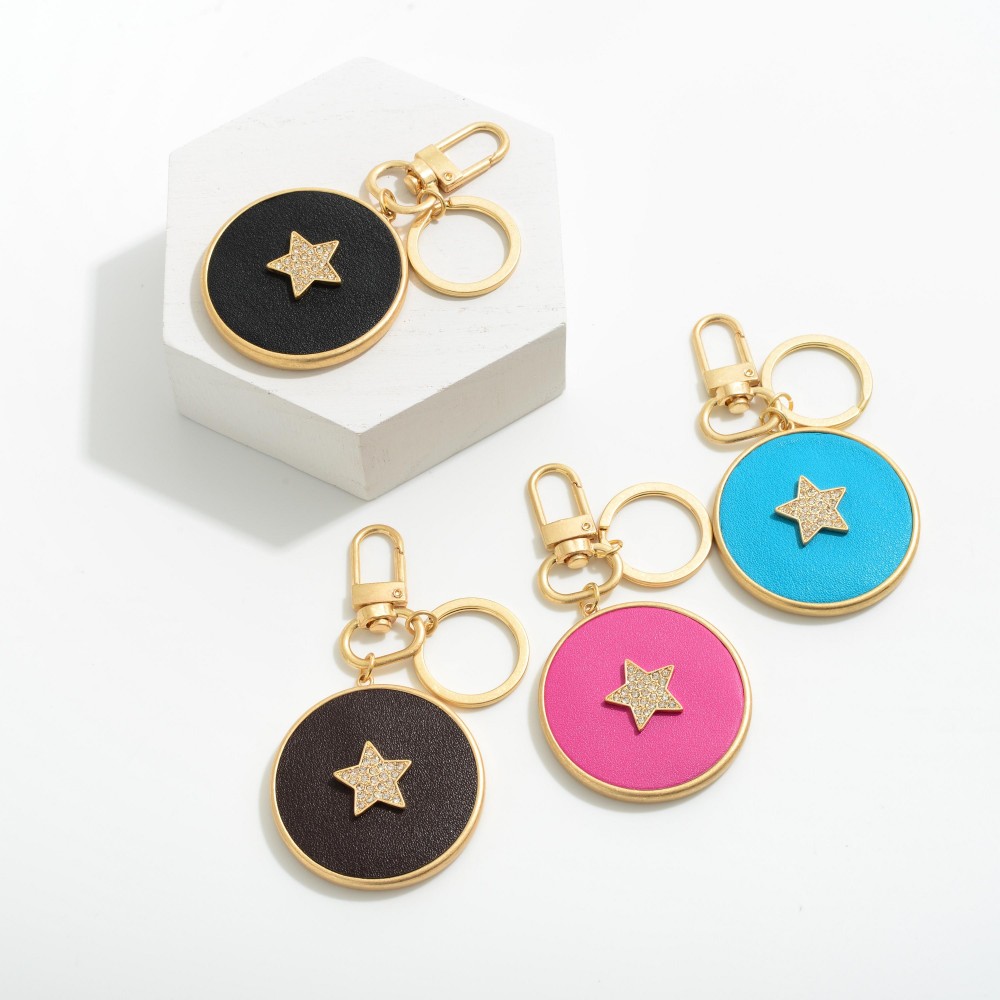 Faux Leather Rhinestone Star Keychain & Bag Charm - Approximately 3.5" Length - Key Ring & Lobster Claw view 4