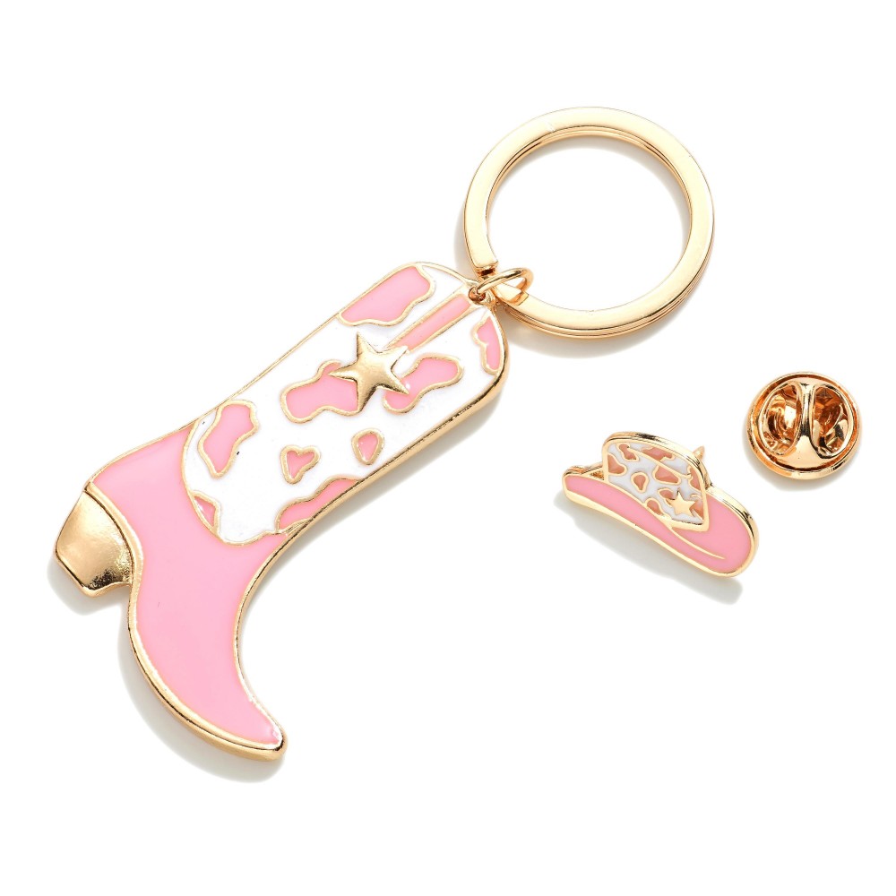 Gold Tone Enameled Cowboy Boot Key Ring With Matching Hat Pin - Approximately 3.5" L view 2