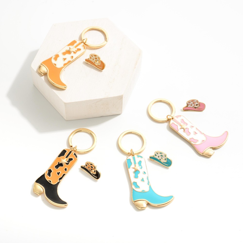 Gold Tone Enameled Cowboy Boot Key Ring With Matching Hat Pin - Approximately 3.5" L view 4