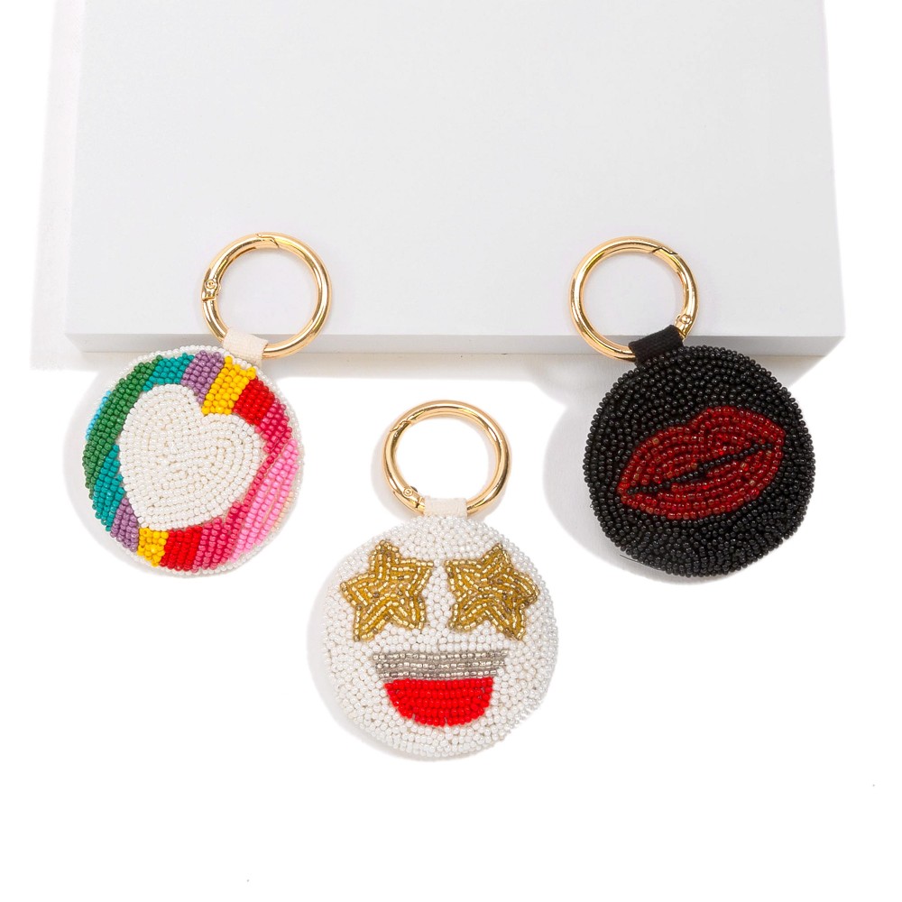 Canvas and Seed Bead Star Eyes Smiley Keychain. - Approximately 3.5" L view 4