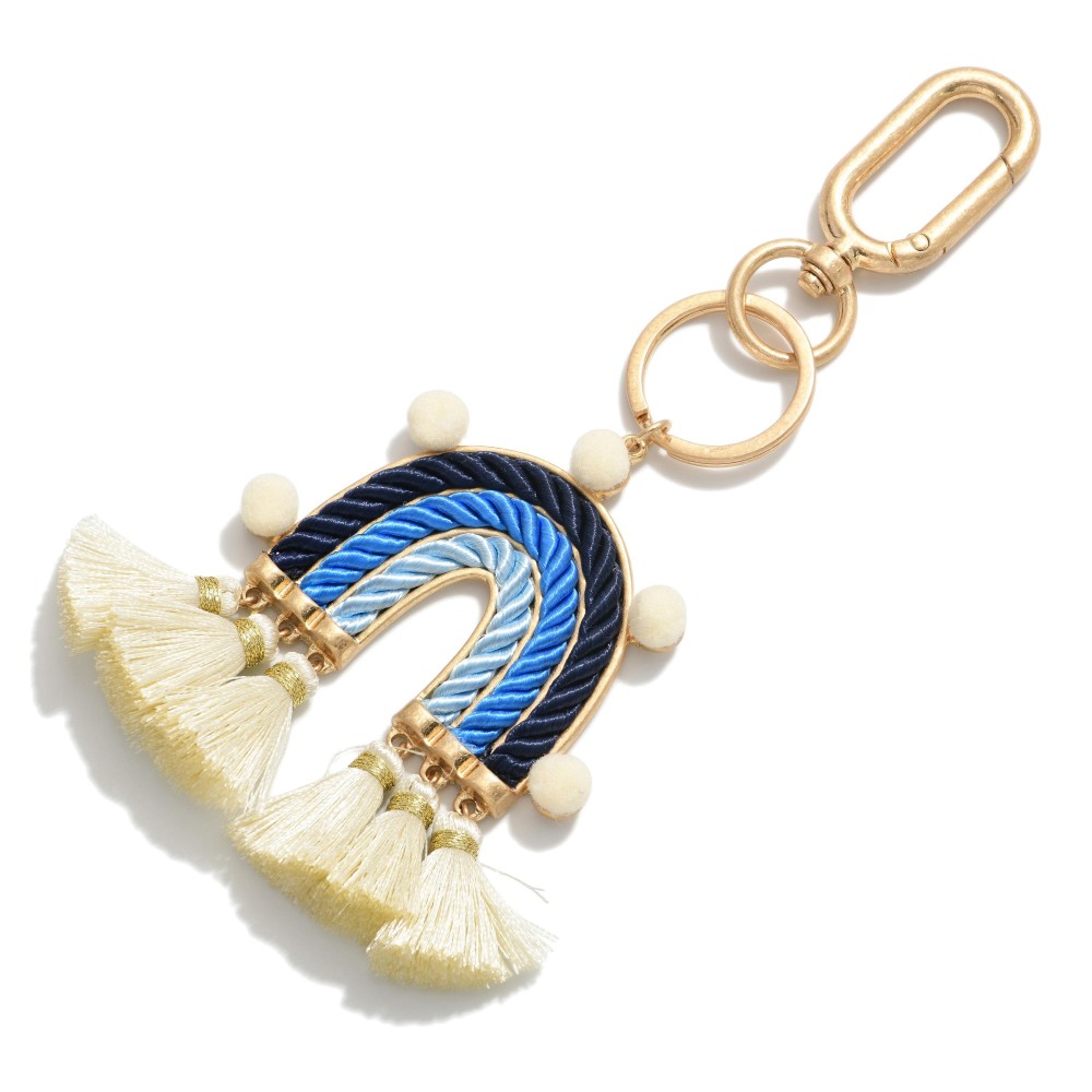 Rope Rainbow Keychain Featuring Tassels and Pom-Pom Accents. - Approximately 5.5" L view 2