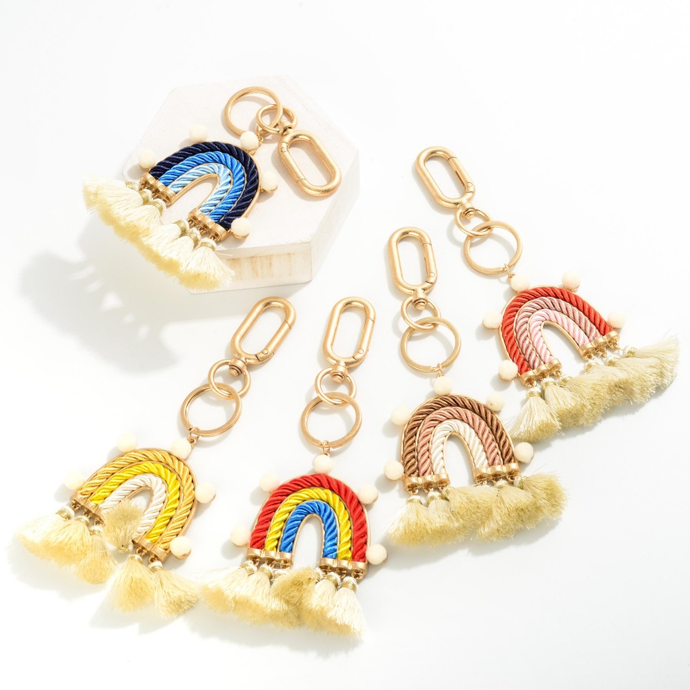 Rope Rainbow Keychain Featuring Tassels and Pom-Pom Accents. - Approximately 5.5" L view 4