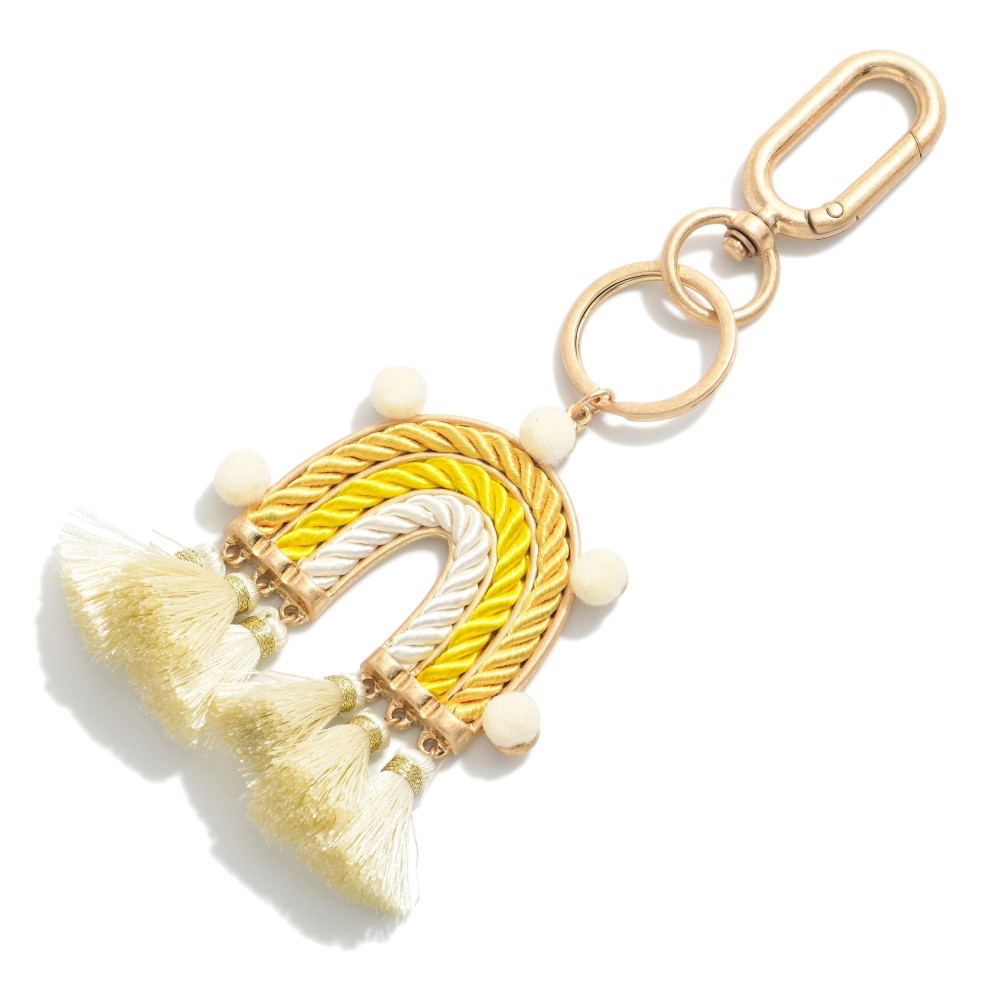 Rope Rainbow Keychain Featuring Tassels and Pom-Pom Accents. - Approximately 5.5" L view 2