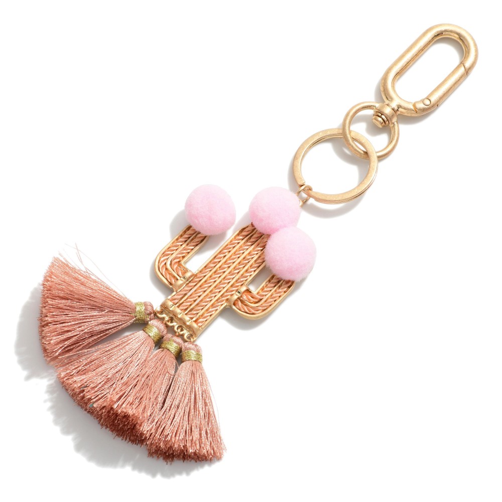 Tassel Cactus Keychain Featuring Pom-Pom Accents. - Approximately 7" L view 2