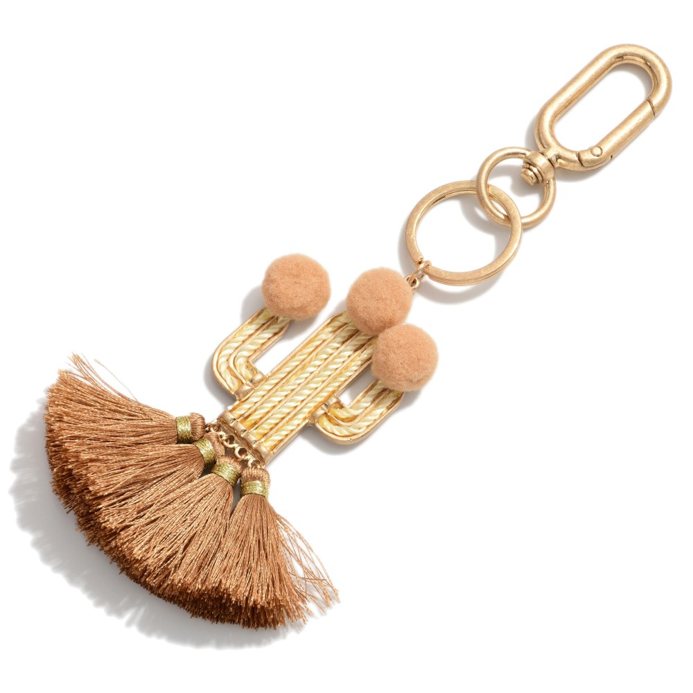 Tassel Cactus Keychain Featuring Pom-Pom Accents. - Approximately 7" L view 2