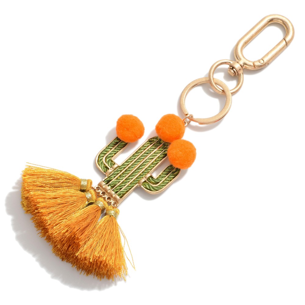 Tassel Cactus Keychain Featuring Pom-Pom Accents. - Approximately 7" L view 2