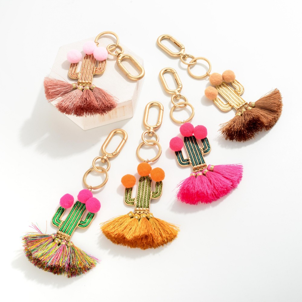 Tassel Cactus Keychain Featuring Pom-Pom Accents. - Approximately 7" L view 4