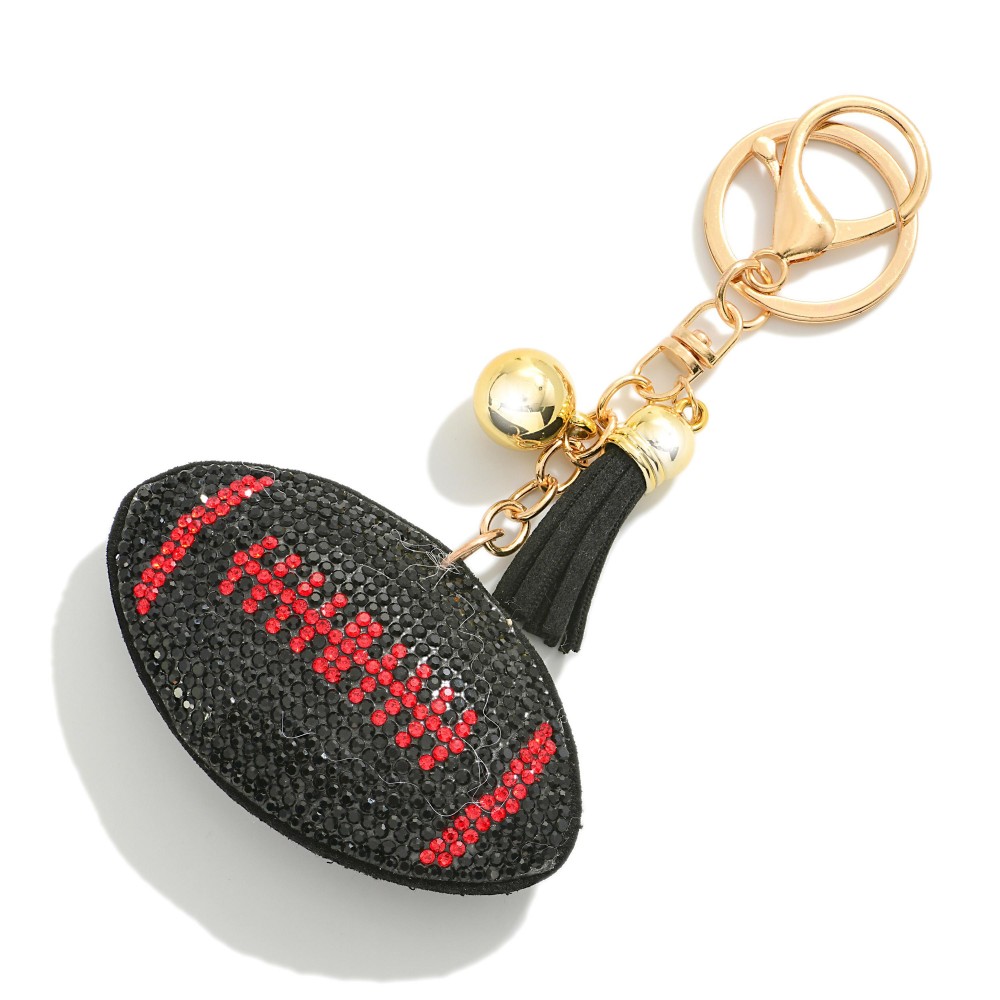 Rhinestone Studded Football Puffer Keyring With Tassel - Charm Approximately 3" W - Total Length 5" L - Removable Tassel view 2