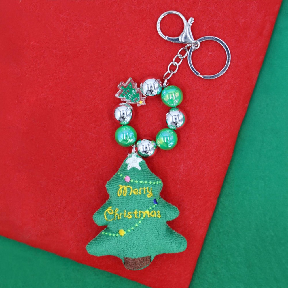Beaded Christmas Key Ring Featuring Metal Tone Beads & Stuffed Christmas Tree - Approximately 7" L view 2