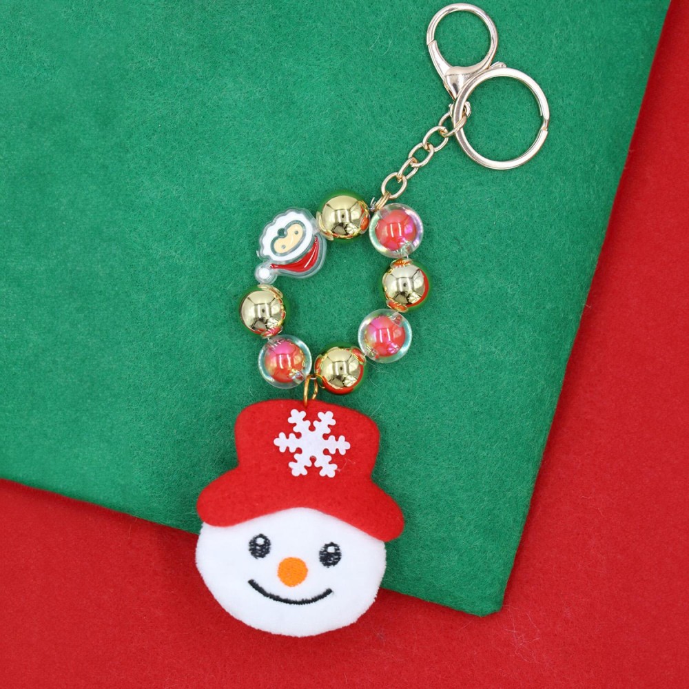 Beaded Christmas Key Ring Featuring Metal Tone Beads & Stuffed Snowman - Approximately 7" L view 2
