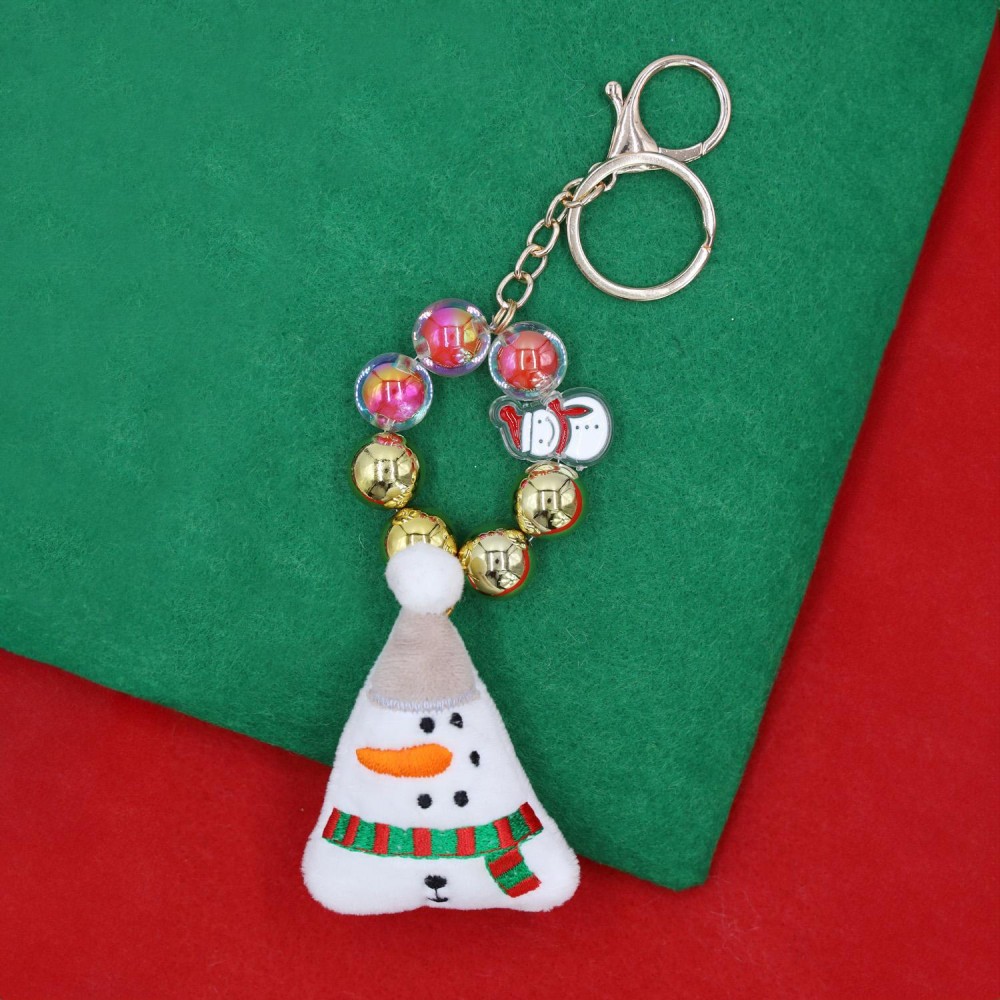 Beaded Christmas Key Ring Featuring Metal Tone Beads & Stuffed Snowman - Approximately 7" L view 2