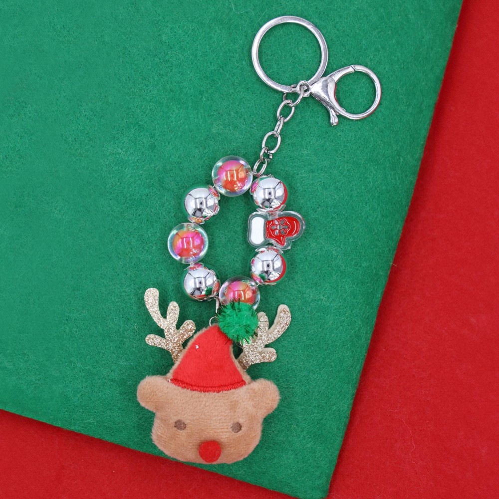 Beaded Christmas Key Ring Featuring Metal Tone Beads & Stuffed Reindeer - Approximately 7" L view 2