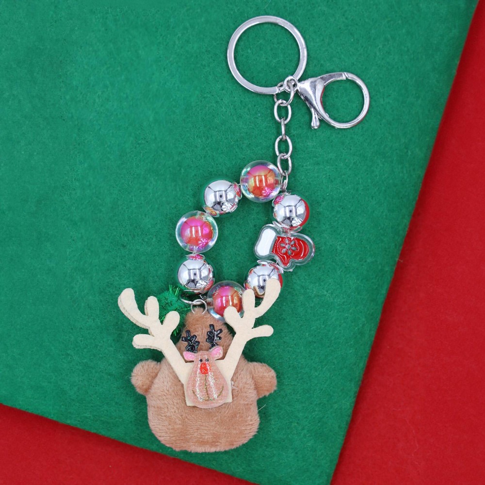 Beaded Christmas Key Ring Featuring Metal Tone Beads & Stuffed Reindeer - Approximately 7" L view 4