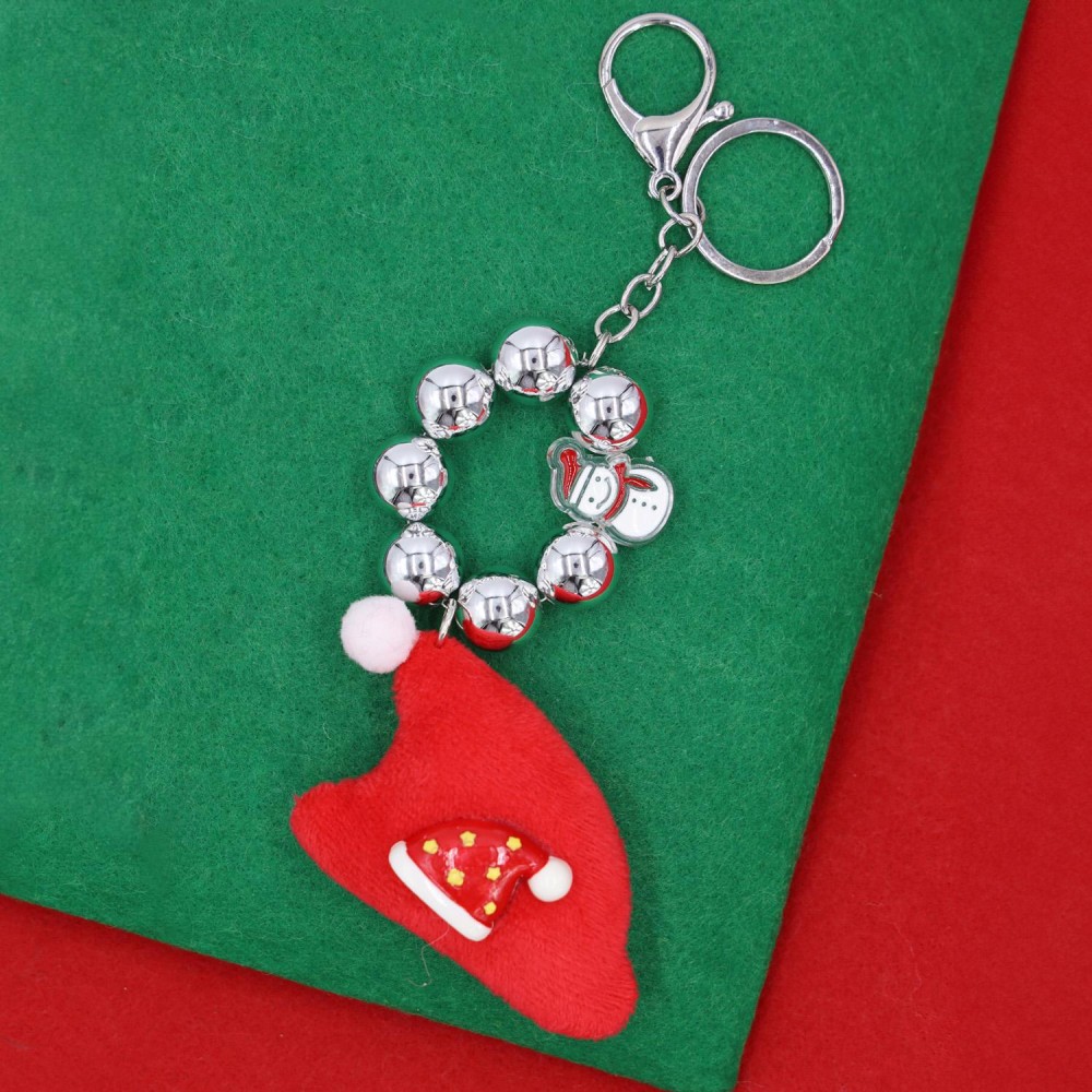 Beaded Christmas Key Ring Featuring Metal Tone Beads & Stuffed Santa Hat - Approximately 7" L view 4