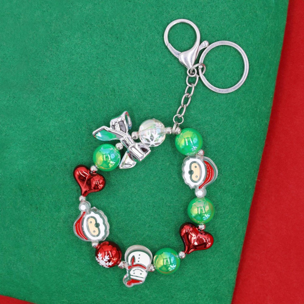 Beaded Christmas Key Ring Featuring Acetate Beads, Hearts, & Bow - Approximately 7" L view 2