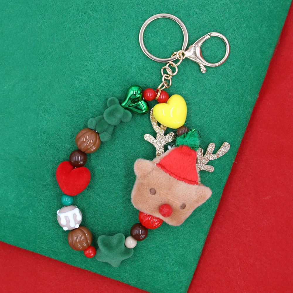 Beaded Christmas Key Ring Featuring Felt Beads & Stuffed Reindeer - Approximately 7" L view 2