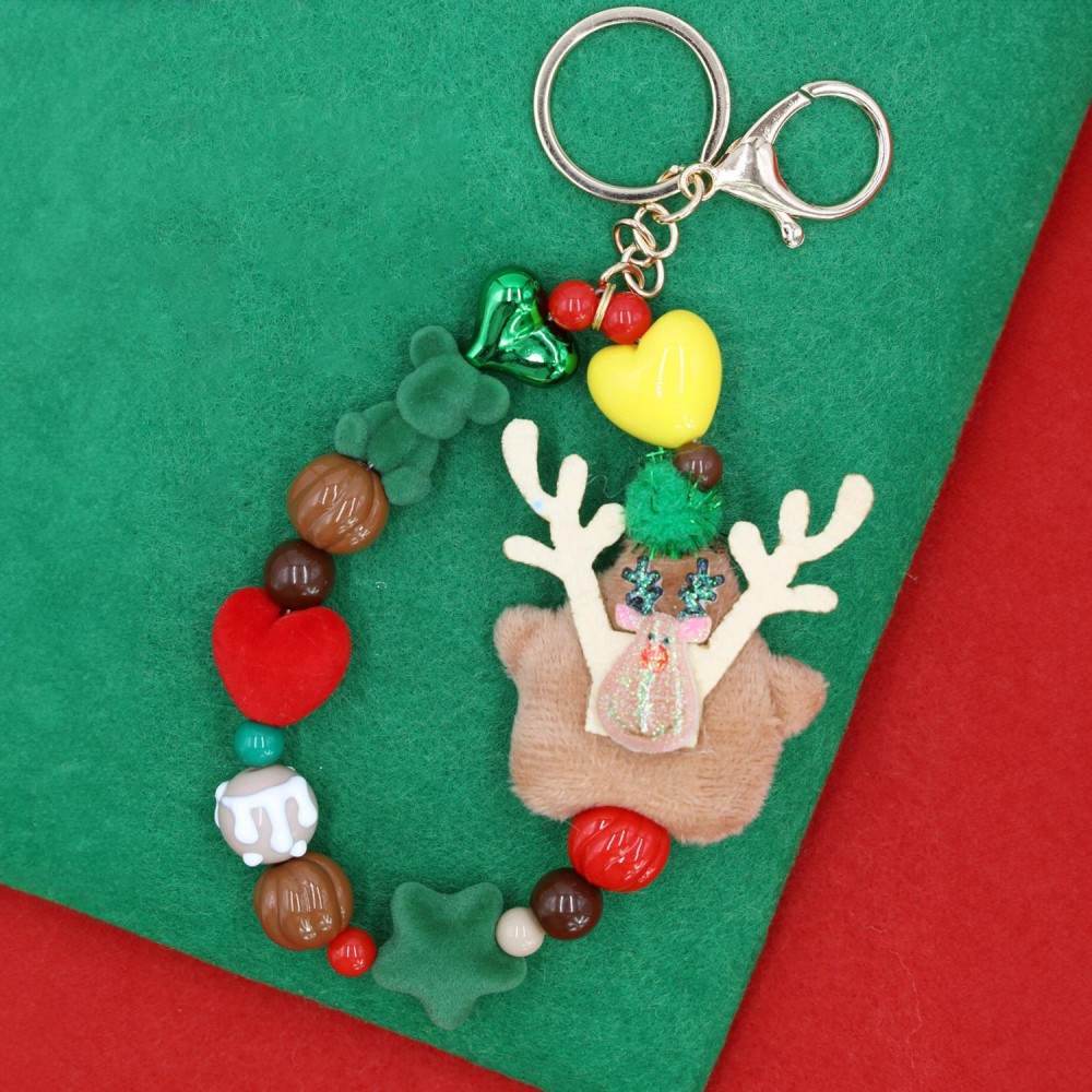 Beaded Christmas Key Ring Featuring Felt Beads & Stuffed Reindeer - Approximately 7" L view 4