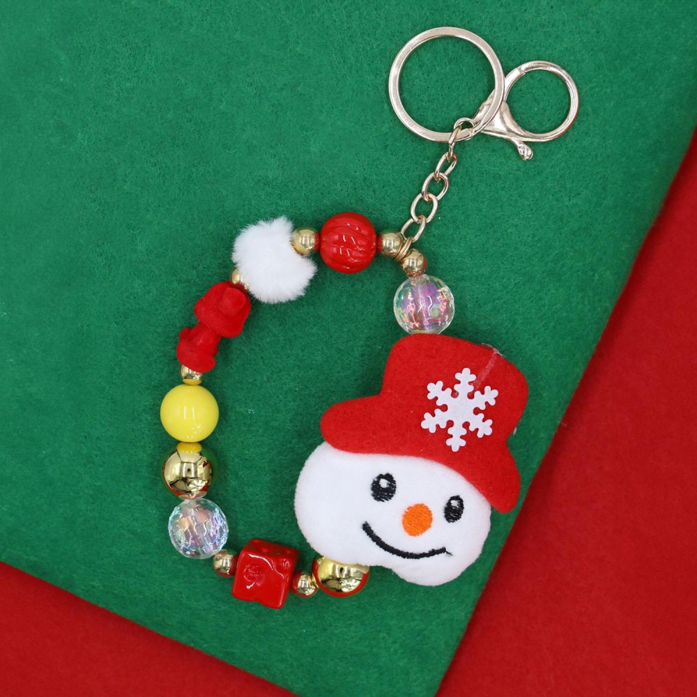 Beaded Christmas Key Ring Featuring Poms, Felt Beads, & Stuffed Snowman - Approximately 7" L view 2