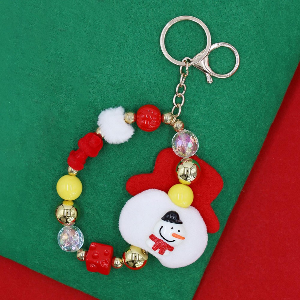 Beaded Christmas Key Ring Featuring Poms, Felt Beads, & Stuffed Snowman - Approximately 7" L view 4