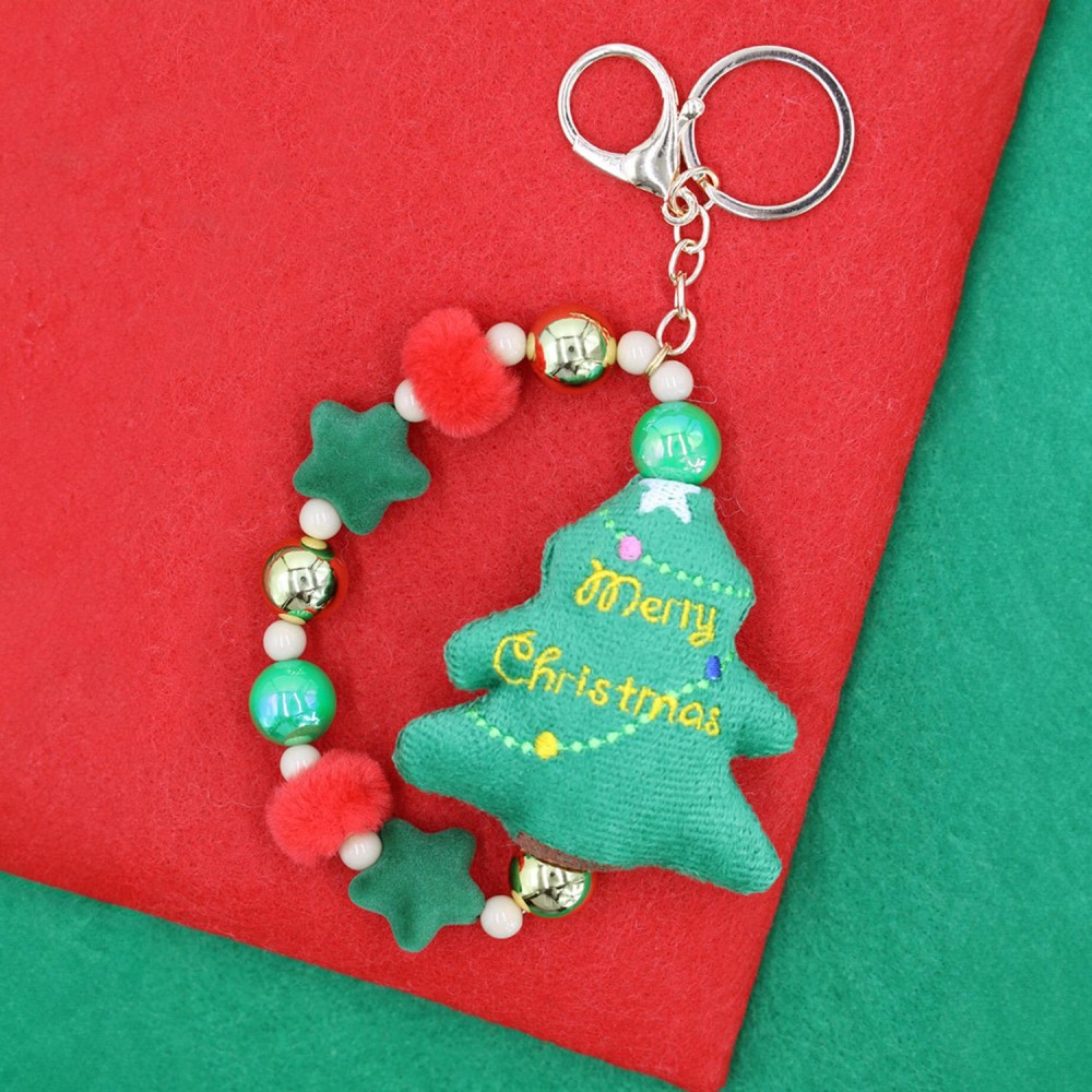 Beaded Christmas Key Ring Featuring Felt Beads, Poms, & Stuffed Christmas Tree - Approximately 7" L view 2